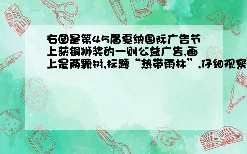 右图是第45届戛纳国际广告节上获铜狮奖的一则公益广告,画上是两颗树,标题“热带雨林”,仔细观察,合理想象,为这泽公益广告写一条简明的广告词.要富有创意.