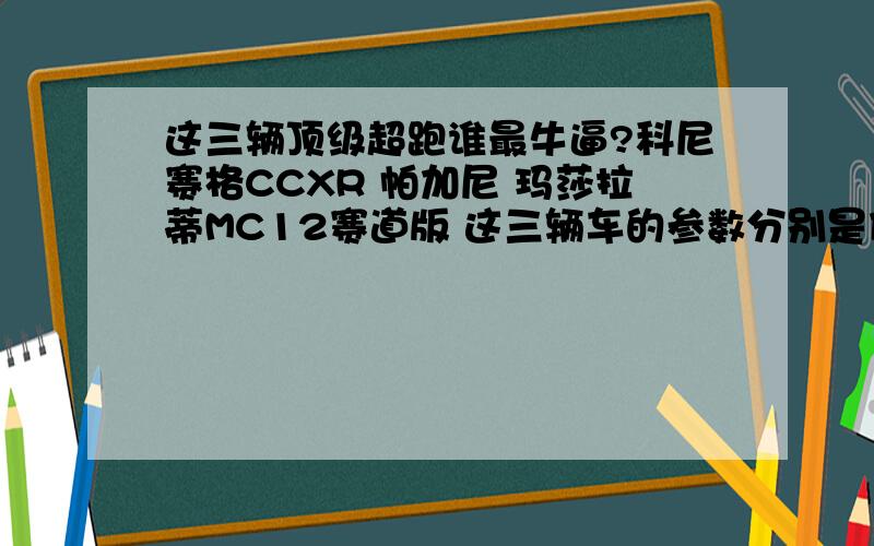 这三辆顶级超跑谁最牛逼?科尼赛格CCXR 帕加尼 玛莎拉蒂MC12赛道版 这三辆车的参数分别是什么 赛道上和速度上谁最牛逼?售价分别多少