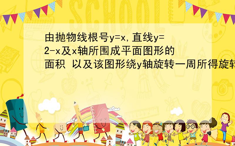 由抛物线根号y=x,直线y=2-x及x轴所围成平面图形的面积 以及该图形绕y轴旋转一周所得旋转体的体积求解答,详细哦,万分感谢!