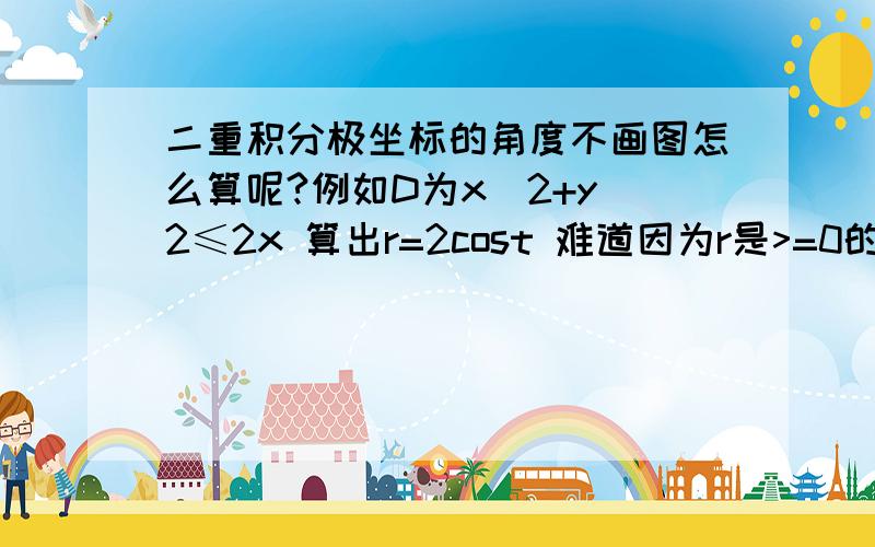 二重积分极坐标的角度不画图怎么算呢?例如D为x^2+y^2≤2x 算出r=2cost 难道因为r是>=0的,所以就当做r=0?然后带入π/2,cost=0,然后-π/2,cost也是等于0的,所以就确定角度是-π/2到π/2吗?我这样的思路正