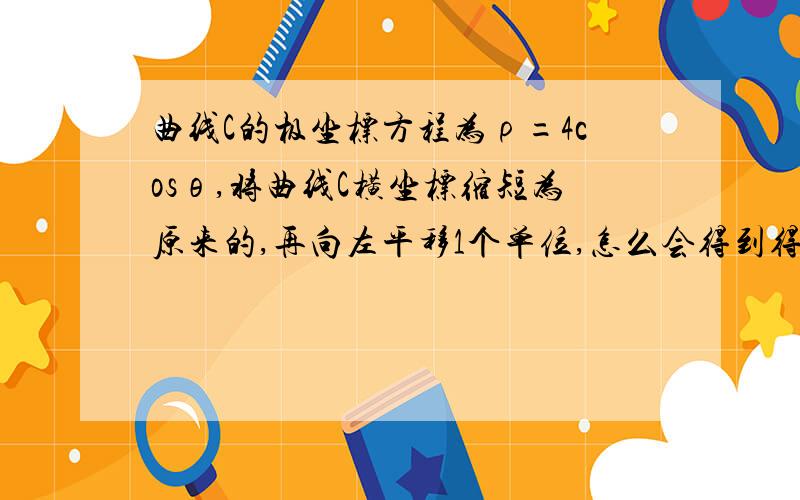 曲线C的极坐标方程为ρ=4cosθ,将曲线C横坐标缩短为原来的,再向左平移1个单位,怎么会得到得到4x∧2+y∧2=4的将曲线C横坐标缩短为原来的1/2