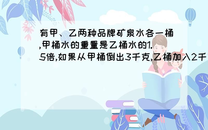 有甲、乙两种品牌矿泉水各一桶,甲桶水的重量是乙桶水的1.5倍,如果从甲桶倒出3千克,乙桶加入2千克,这时两桶水的重量相等,甲、乙桶水原来各有多少千克水?（用方程解应用题）