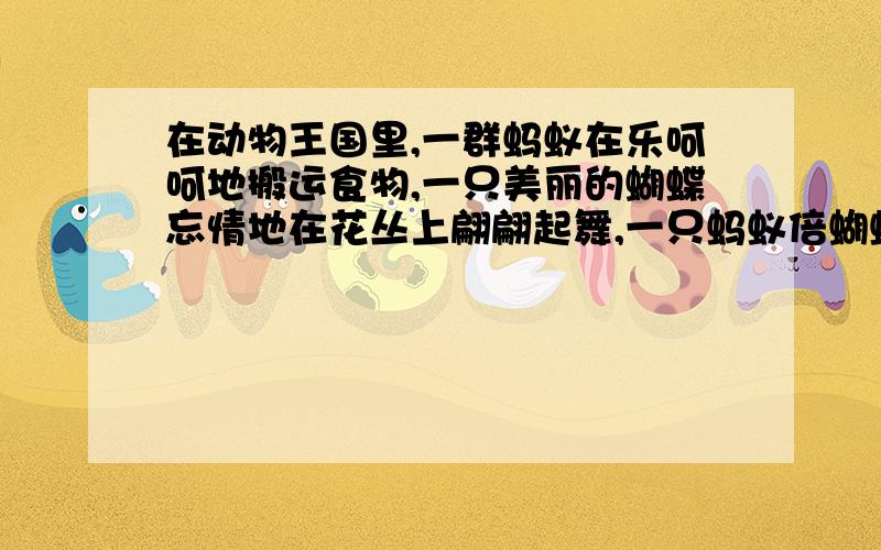 在动物王国里,一群蚂蚁在乐呵呵地搬运食物,一只美丽的蝴蝶忘情地在花丛上翩翩起舞,一只蚂蚁倍蝴蝶美丽作文