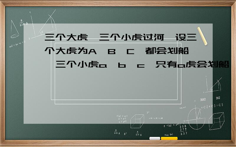 三个大虎,三个小虎过河,设三个大虎为A、B、C,都会划船,三个小虎a、b、c,只有a虎会划船,其中A、a为母子,B、b为母子,C、c为母子,船只能容纳两只虎（不分大小虎）大虎吃没有母虎在的子虎,六