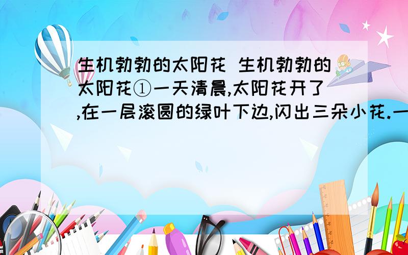 生机勃勃的太阳花 生机勃勃的太阳花①一天清晨,太阳花开了,在一层滚圆的绿叶下边,闪出三朵小花.一朵红,一朵黄,一朵淡紫色.乍开的花儿,像彩霞那么艳丽,像宝石那么夺目.在我们宁静的小