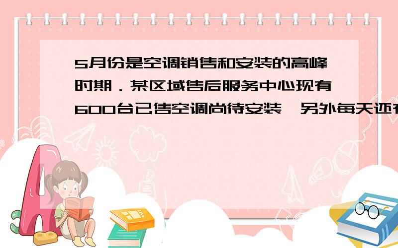 5月份是空调销售和安装的高峰时期．某区域售后服务中心现有600台已售空调尚待安装,另外每天还有新销售的空调需要安装．设每天新销售的空调台数相同,每个空调安装小组每天安装空调的