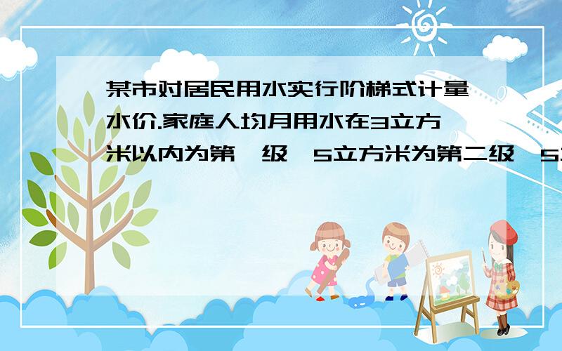 某市对居民用水实行阶梯式计量水价.家庭人均月用水在3立方米以内为第一级,5立方米为第二级,5立方米以上为第三级.王凡家四口人,去年8月份用水27立方米,该月要缴水费多少元?