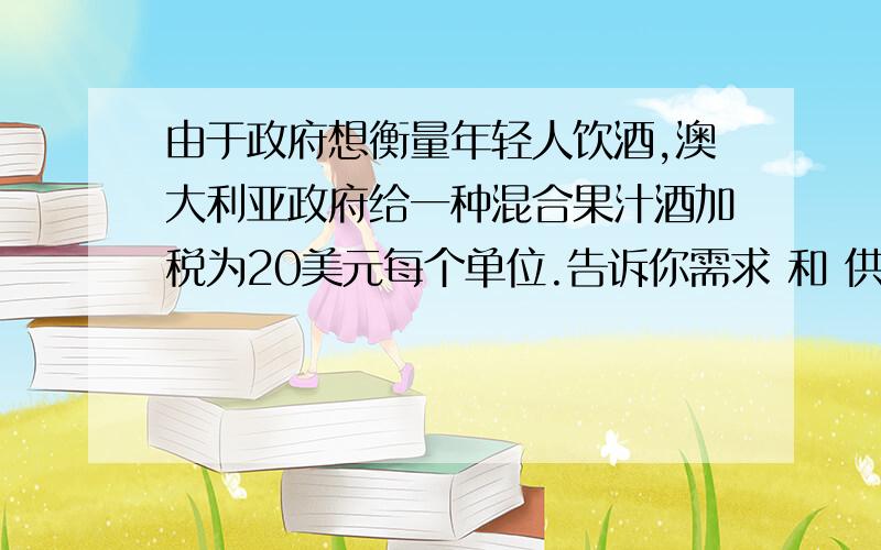 由于政府想衡量年轻人饮酒,澳大利亚政府给一种混合果汁酒加税为20美元每个单位.告诉你需求 和 供给 方式分别是P=200-0.5Q 和P=0.5Q问政府的总税收是多少和买家,卖家交的税分别是多少?基于