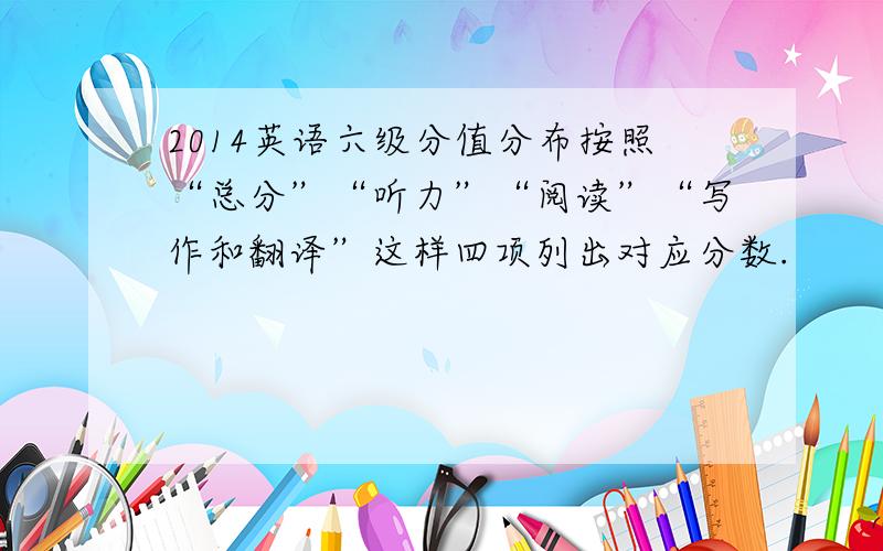 2014英语六级分值分布按照“总分”“听力”“阅读”“写作和翻译”这样四项列出对应分数.