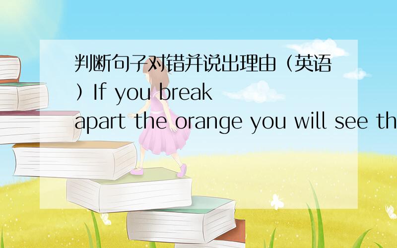 判断句子对错并说出理由（英语）If you break apart the orange you will see the orange-yellow petals which contain the orange flesh.