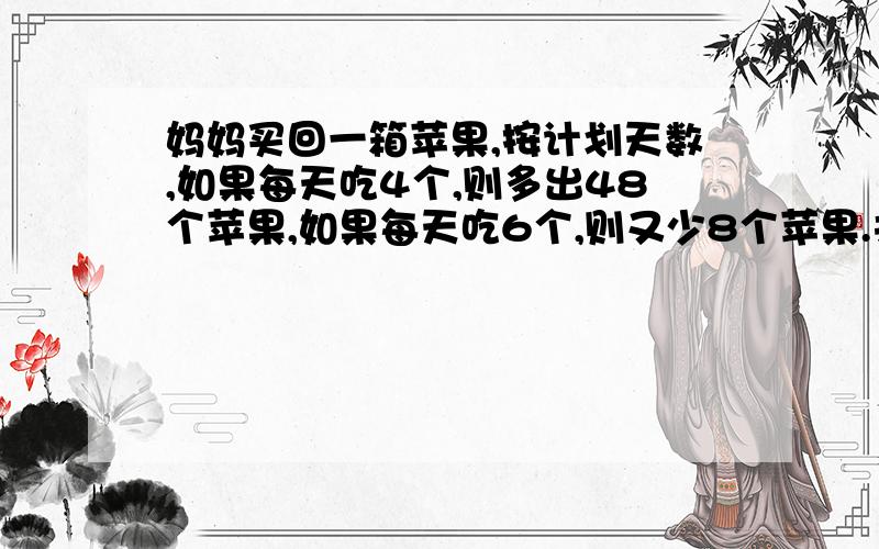 妈妈买回一箱苹果,按计划天数,如果每天吃4个,则多出48个苹果,如果每天吃6个,则又少8个苹果.共有苹果