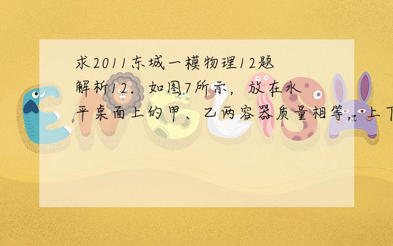 求2011东城一模物理12题解析12．如图7所示，放在水平桌面上的甲、乙两容器质量相等，上下两部分高度相同，容器壁厚度可忽略。容器甲的底面积为S1，开口端面积为S2，容器乙的底面积为S2