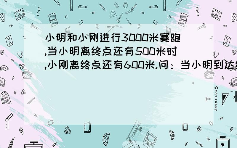 小明和小刚进行3000米赛跑,当小明离终点还有500米时,小刚离终点还有600米.问：当小明到达终点时小刚离终点还有多远?