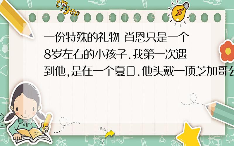 一份特殊的礼物 肖恩只是一个8岁左右的小孩子.我第一次遇到他,是在一个夏日.他头戴一顶芝加哥公牛队的小帽子,下身穿一条需要系皮带才能挂得住的宽松裤．肩上背包里装着4根球杆和许多