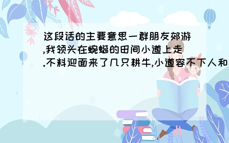 这段话的主要意思一群朋友郊游,我领头在蜿蜒的田间小道上走.不料迎面来了几只耕牛,小道容不下人和牛,终有一方要让路.他们越走越近,我们以开始担心,这下恐怕要踩到稻田里了,弄一脚泥