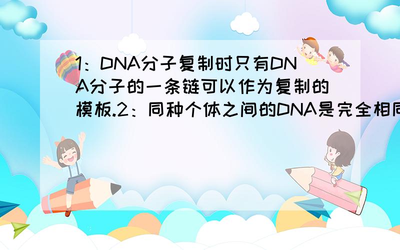 1：DNA分子复制时只有DNA分子的一条链可以作为复制的模板.2：同种个体之间的DNA是完全相同的 这两句话对吗?若是错的,错在哪?