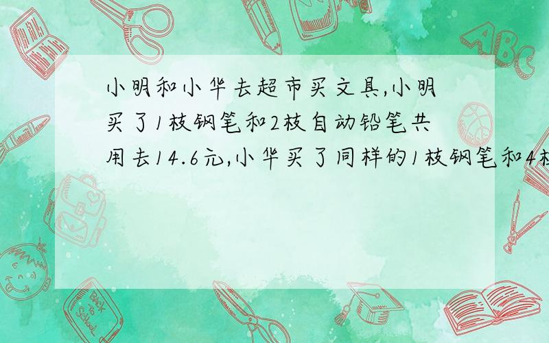 小明和小华去超市买文具,小明买了1枝钢笔和2枝自动铅笔共用去14.6元,小华买了同样的1枝钢笔和4枝自动铅笔共用去18.6元.这种钢笔和自动铅笔的单价各是多少元?