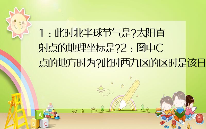 1：此时北半球节气是?太阳直射点的地理坐标是?2：图中C点的地方时为?此时西九区的区时是该日的几时?3：此时正午太阳在全球的分布规律是?对了，图片在我的空间里，就三张，很方便的呵