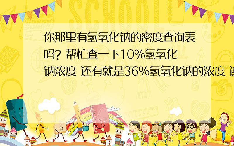 你那里有氢氧化钠的密度查询表吗? 帮忙查一下10%氢氧化钠浓度 还有就是36%氢氧化钠的浓度 谢谢谢谢