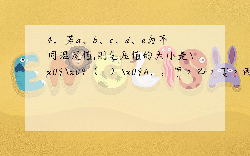 4．若a、b、c、d、e为不同温度值,则气压值的大小是\x09\x09（   ）\x09A．：甲＞乙＞丁＞丙\x09B．乙＞甲＞丁＞丙\x09C．甲＞乙＞丙＞丁\x09D．乙＞甲＞丙＞丁5．若a、b、c、d、e为不同气压值,则