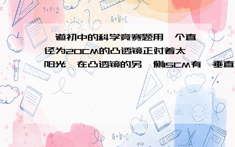 一道初中的科学竞赛题用一个直径为20CM的凸透镜正对着太阳光,在凸透镜的另一侧15CM有一垂直于主光轴的光屏,此光屏上呈现一个直径10CM的明亮的光斑.则该透镜焦距可能是（ ）A10CM或30CMB10CM