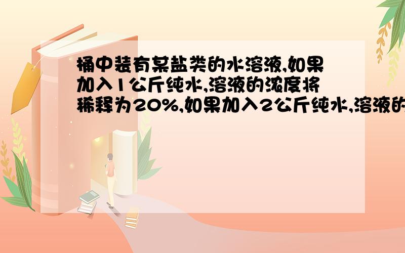 桶中装有某盐类的水溶液,如果加入1公斤纯水,溶液的浓度将稀释为20%,如果加入2公斤纯水,溶液的浓度将稀释为15%,则原有几公斤的溶液,原溶液浓度为多少