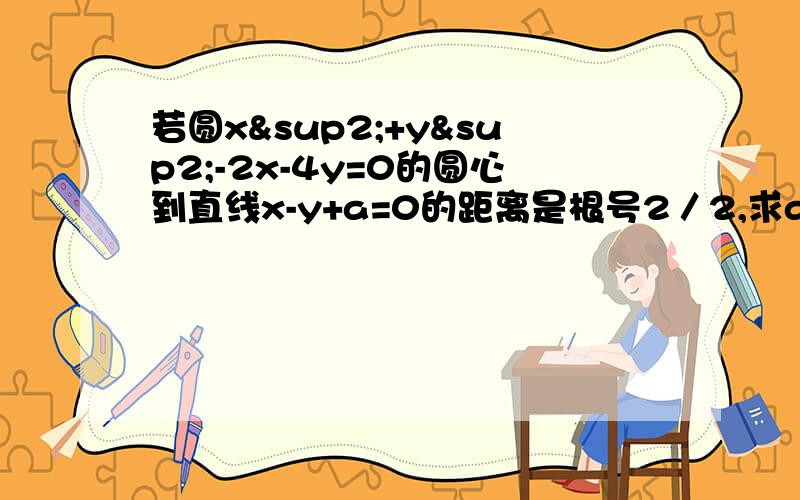 若圆x²+y²-2x-4y=0的圆心到直线x-y+a=0的距离是根号2／2,求a的值