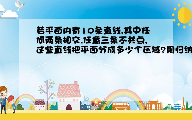 若平面内有10条直线,其中任何两条相交,任意三条不共点,这些直线把平面分成多少个区域?用归纳法证明?如果是n条....