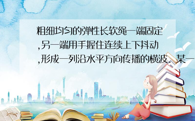 粗细均匀的弹性长软绳一端固定,另一端用手握住连续上下抖动,形成一列沿水平方向传播的横波．某一时刻的波形如图所示,从这幅波形图中可得出的结论是（CD）A、波在绳子中的传播速度越