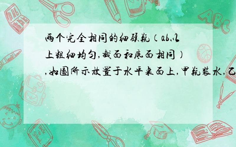 两个完全相同的细颈瓶（ab以上粗细均匀,截面和底面相同）,如图所示放置于水平桌面上,甲瓶装水,乙瓶装等质量的盐水,液面全部超过ab而且都未溢出,则两瓶底受到液体的压强之间的关系是（