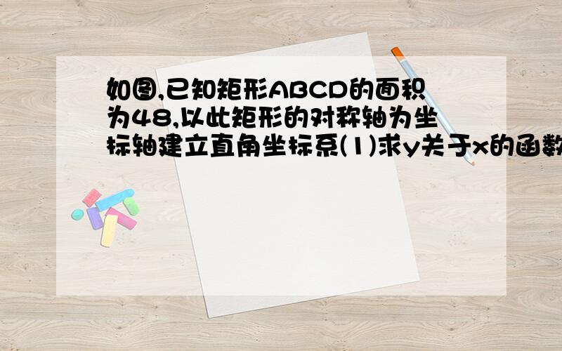 如图,已知矩形ABCD的面积为48,以此矩形的对称轴为坐标轴建立直角坐标系(1)求y关于x的函数关系式及自变量x的取值范围;(2)若一次函数y=mx＋2（m＜0)的图象与x轴y轴分别交点于点E、F,设A(4,3) ,那