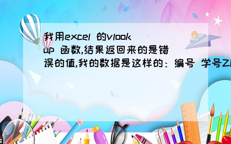 我用excel 的vlookup 函数,结果返回来的是错误的值,我的数据是这样的：编号 学号ZF0001 0021ZF0002 0023ZF0003 0025我在函数中用到了=VLOOKUP(E3,A2:B4,2),我在E3里输入“ZF0001”后,结果发现返回来的值确是