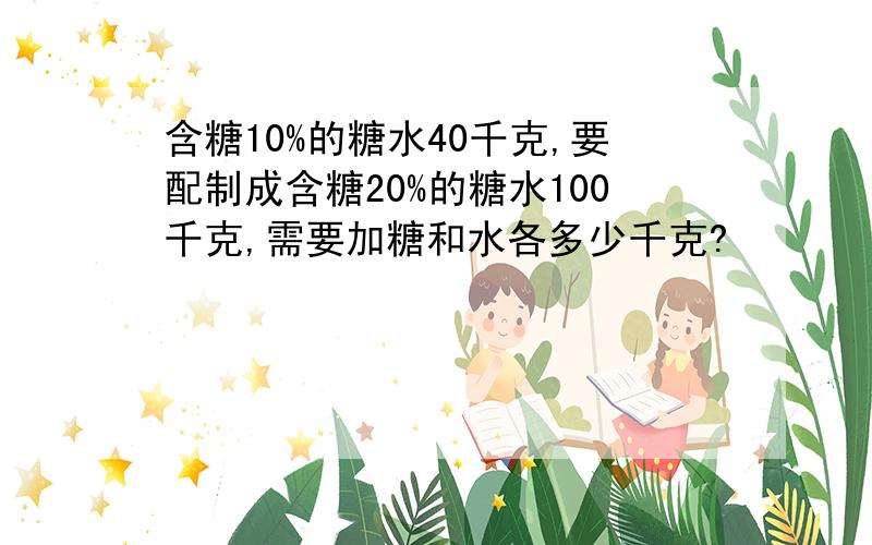 含糖10%的糖水40千克,要配制成含糖20%的糖水100千克,需要加糖和水各多少千克?