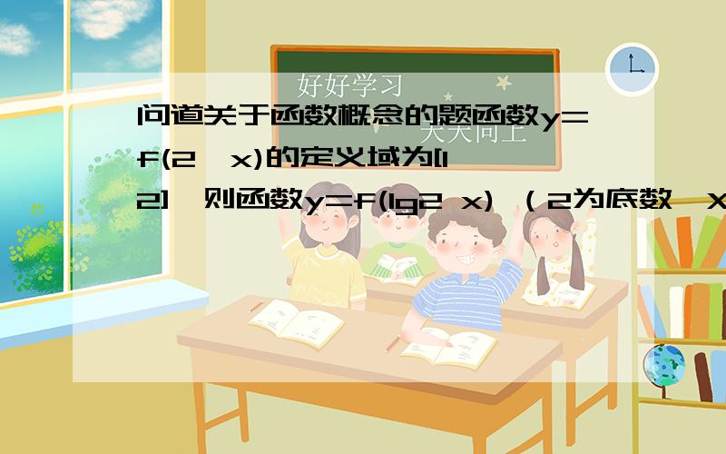 问道关于函数概念的题函数y=f(2^x)的定义域为[1,2],则函数y=f(lg2 x) （2为底数,X为指数）的定义域为A.[0,1] B.[1,2] C.[2,4] D.[4,16]但为什么B不对,两个函数不都是问f对应法则下x的取值范围嘛,应该相