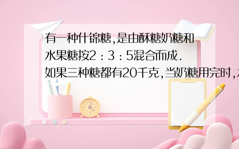 有一种什锦糖,是由酥糖奶糖和水果糖按2：3：5混合而成.如果三种糖都有20千克,当奶糖用完时,水果糖增加了多少千克,酥糖还剩多少千克