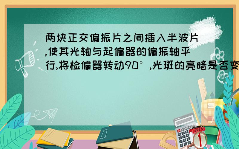 两块正交偏振片之间插入半波片,使其光轴与起偏器的偏振轴平行,将检偏器转动90°,光斑的亮暗是否变化?为什