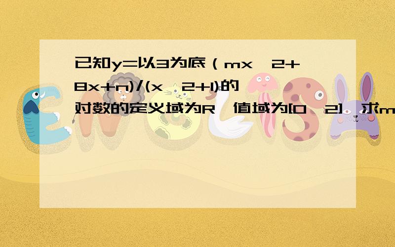 已知y=以3为底（mx^2+8x+n)/(x^2+1)的对数的定义域为R,值域为[0,2],求m.n的值请具体一点