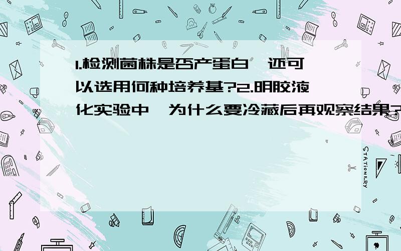 1.检测菌株是否产蛋白酶还可以选用何种培养基?2.明胶液化实验中,为什么要冷藏后再观察结果?如题,急用!