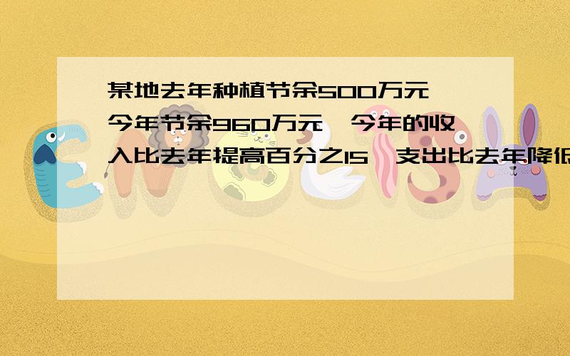 某地去年种植节余500万元,今年节余960万元,今年的收入比去年提高百分之15,支出比去年降低百分之10,去的收入有多少万元?