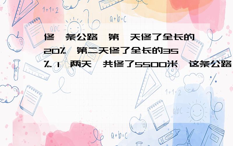 修一条公路,第一天修了全长的20%,第二天修了全长的35%. 1、两天一共修了5500米,这条公路一共有多长?2、第一天比第二天少修了1500米,这条公路全场有多少米? 有两个问题.