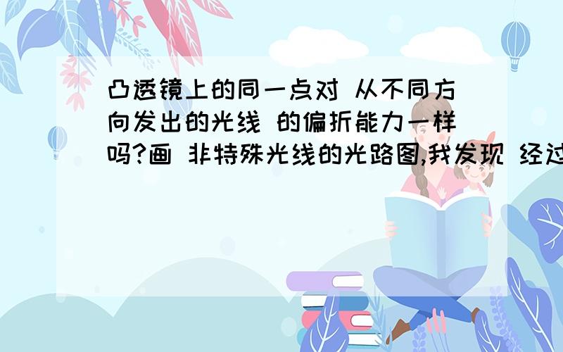 凸透镜上的同一点对 从不同方向发出的光线 的偏折能力一样吗?画 非特殊光线的光路图,我发现 经过凸透镜同一点的两条光线的入射光与折射光的夹角似乎相等,所以猜想是不是经过透镜上的