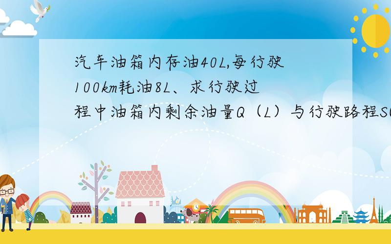 汽车油箱内存油40L,每行驶100km耗油8L、求行驶过程中油箱内剩余油量Q（L）与行驶路程S(km)之间函数关系式