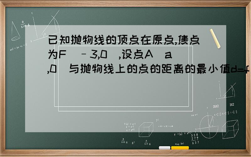 已知抛物线的顶点在原点,焦点为F(–3,0),设点A(a,0)与抛物线上的点的距离的最小值d=f(a),求f(a)的表达式