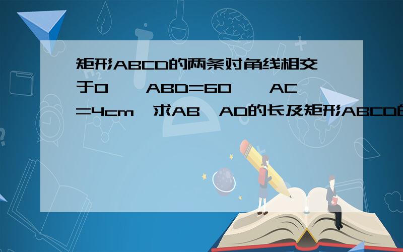 矩形ABCD的两条对角线相交于O,∠ABD=60°,AC=4cm,求AB、AD的长及矩形ABCD的面积.