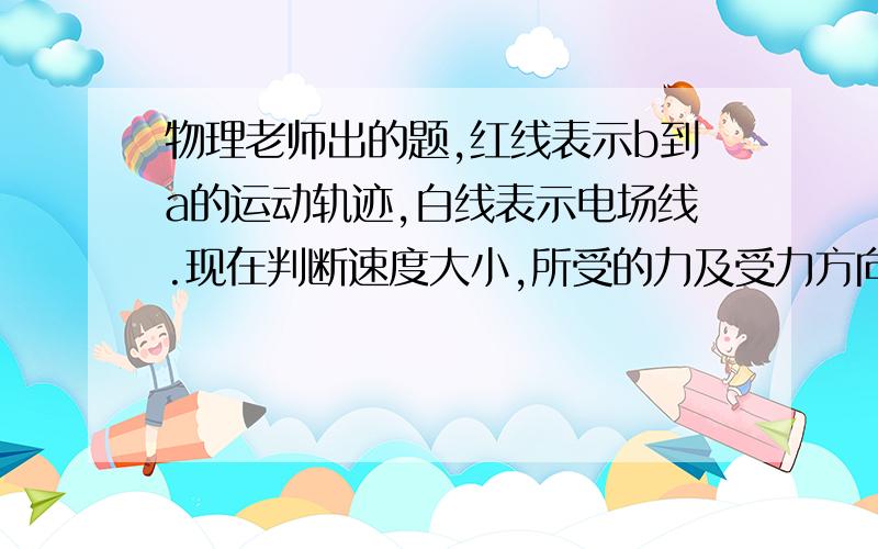 物理老师出的题,红线表示b到a的运动轨迹,白线表示电场线.现在判断速度大小,所受的力及受力方向,电荷的正负,及图中各种物理量的大小.以及详细的判断方法,对了我就提分,