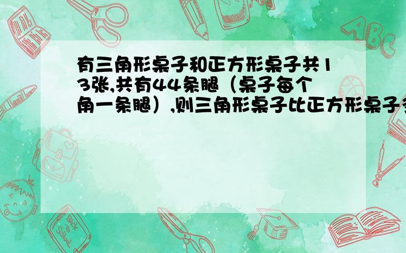 有三角形桌子和正方形桌子共13张,共有44条腿（桌子每个角一条腿）,则三角形桌子比正方形桌子多几张?要用假设法