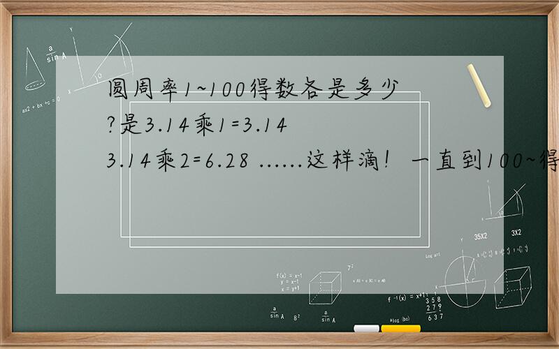 圆周率1~100得数各是多少?是3.14乘1=3.14 3.14乘2=6.28 ......这样滴！一直到100~得数