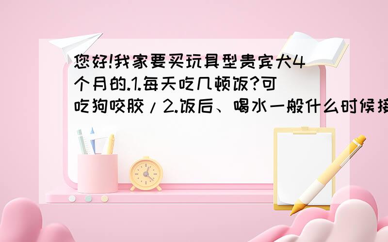 您好!我家要买玩具型贵宾犬4个月的.1.每天吃几顿饭?可吃狗咬胶/2.饭后、喝水一般什么时候接便便?小便/\3多大才能配种?谁有经验多写几样谢谢又来了!问一下玩具贵宾咬人吗?