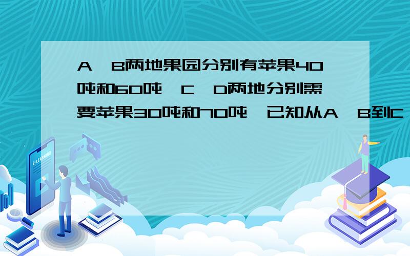 A,B两地果园分别有苹果40吨和60吨,C,D两地分别需要苹果30吨和70吨,已知从A,B到C,D的运价如下表：到C地 到D地A果园 每吨15元 每吨12元B果园 每吨10元 每吨9元（1）若从A果园运到C地的苹果为x吨,则