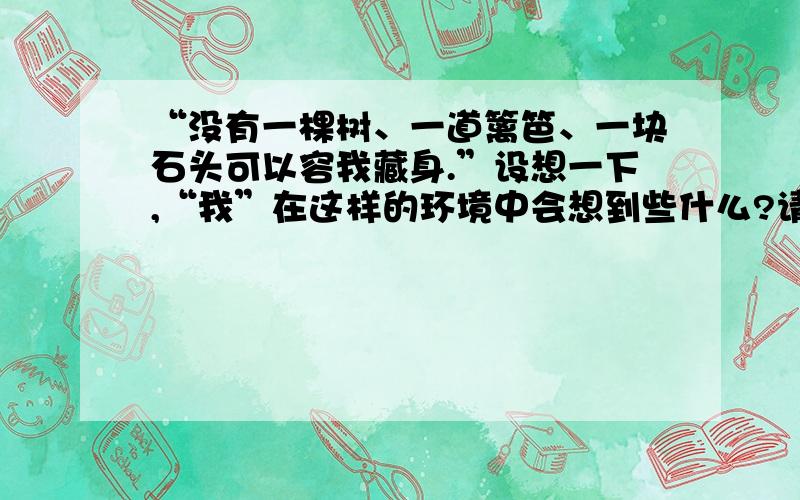 “没有一棵树、一道篱笆、一块石头可以容我藏身.”设想一下,“我”在这样的环境中会想到些什么?请以“我”的身份把想法说出来 这是《在沙漠中心》的习题啊